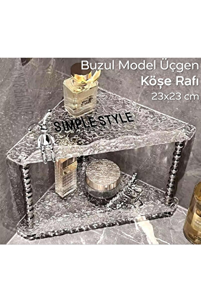 ARVALE Kırık Cam Desenli Şeffaf 2 Katlı Köşe Rafı Dekoratif Model | 23x23 Cm