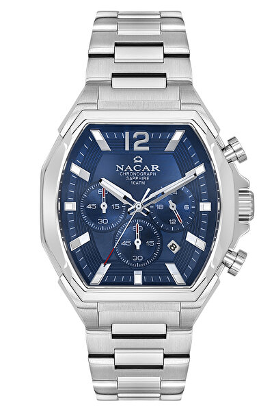 Nacar ساعة يد رجالية رياضية من الزجاج الياقوتي باللون الفضي - الأزرق NC08-294...