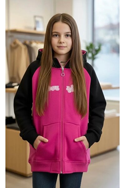 Minimoda Kids ÜÇ İPLİK ŞARDONLU KUMAŞA NAKIŞLI KAPÜŞONLU KIZ CEKET