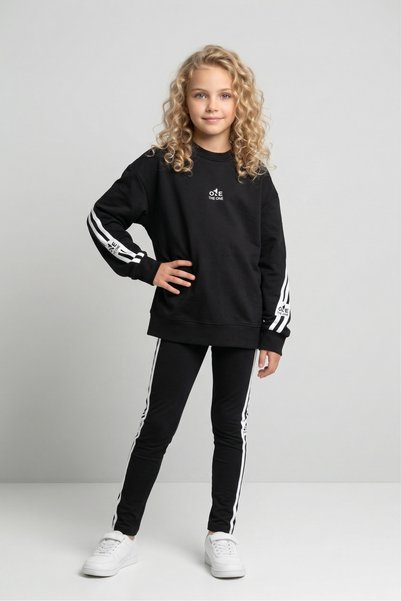 Black One Girls' Striped Detail Piece Casual Sweatshirt and Leggings Sport Set – Relaxed Fit, Soft Fabric