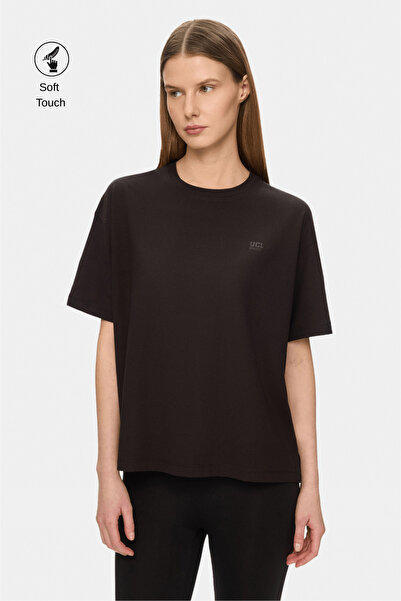 UCLA Faye Black Soft-Textured Modal Fabric Crew Neck Printed Oversized Women'...