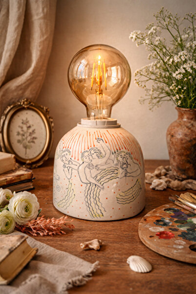 ema El Yapımı Seramik Abajur – Hayalperestler Temalı – Turuncu Çizgili – Deko...