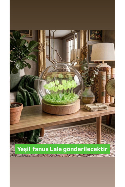 Genel Markalar Fanus İçinde Lale Bahçesi Tasarımlı Ledli Masa ve Gece Lambası