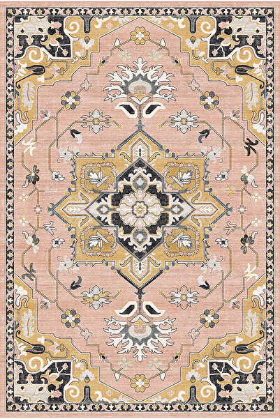 kilim home Μοντέρνο Κλασικό Χαλί Σαλονιού σε Ροζ Πούδρα, Μαύρο και Χρυσό με Κ...