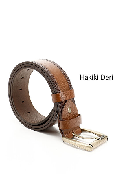GÖNDERİ(R) Men's Tan Antique Genuine Leather 4.5 cm Stitched Jeans Belt