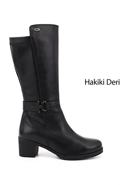 GÖNDERİ(R) Kadın Siyah Kalın Topuklu Hakiki Deri Çizme