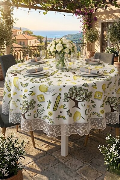 Rona Home Πολυτελές στρογγυλό τραπεζομάντιλο με μοτίβο κλαδιού ελιάς, με κορδ...