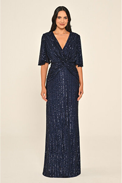 ALFABETA فستان طويل مزين بالترتر مع تفاصيل عقدة أمامية على شكل حرف V ألفا بيتا