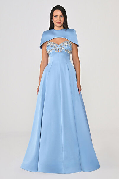 ALFABETA فستان طويل من القماش اللامع مرصع بالأحجار مع بوليرو بحمالات من ألفا ...