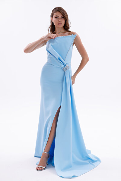 BDM Exclusive Taş İşlemeli Broş Detaylı Uzun Krep Abiye Elbise