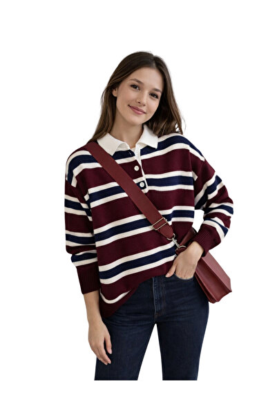 MODASPARK Pulover tricotat pentru femei, cu guler polo cu dungi burgundy, cu ...