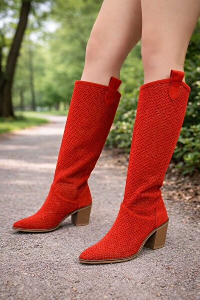 POTEEN Cizme de vară cu toc stil Western Kowboy pentru femei Semafre P103-Roșu