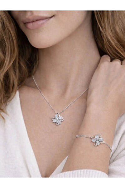 Brezza Lusso Jewelry Gümüş Zirkon Taşlı Dört Yapraklı Yonca Kolye Bileklik Set