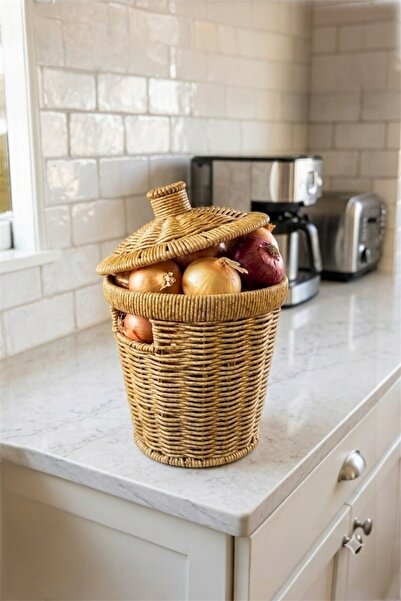 Bayev Wicker Küçük Boy Hasır Kapaklı Patates Soğan Sepet Sunum Sebzelik Örgü ...