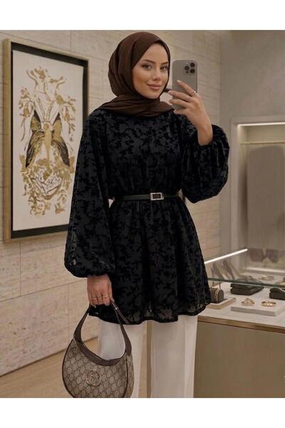 onlymoon Black Hijab Tulle Tunic with Lining and Belt |   Patterned, Stylish,...