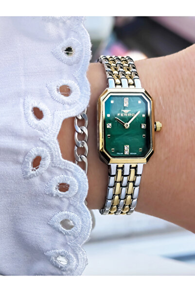 FERRO ساعة يد نسائية بسوار فولاذي أصفر وفضي FL21752A-D6 3ATM مقاوم للماء ضمان...