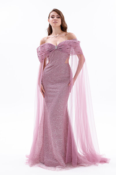 BDM Exclusive Drapeli Taş Detaylı Tül Payet Pelerinli Uzun Abiye Elbise (