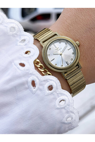 FERRO ساعة يد نسائية بسوار من الفولاذ الأصفر FL40149A-B 3ATM مقاوم للماء مع ض...