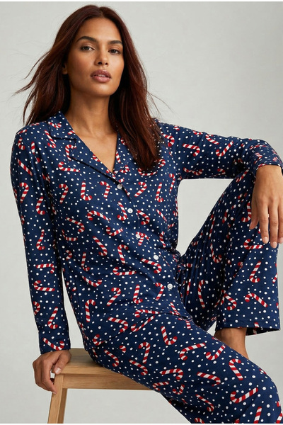 Siyah İnci Navy Blue Polka Dot Candy Cane Patterned Christmas Themed 100%Cott...