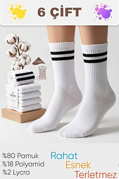 İbrahim Berk 6 Çift Uzun Erkek Spor Çorap Beyaz Siyah Çizgili Desenli Tenis Ç...
