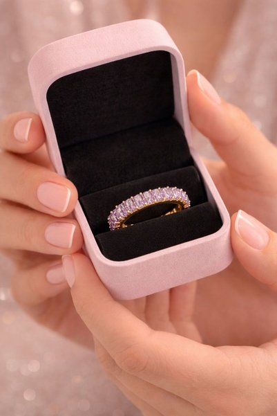 VİYA Loni Baguette Cut Zircon Purple Stone Ring