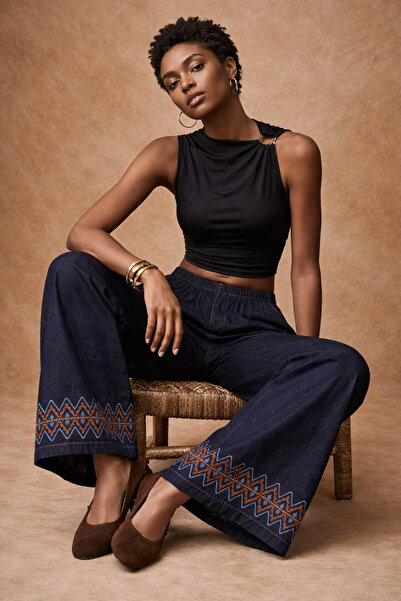 Lijuri Denim Paçası Nakış Detaylı Denim Pantolon 0092 R5-H-K1