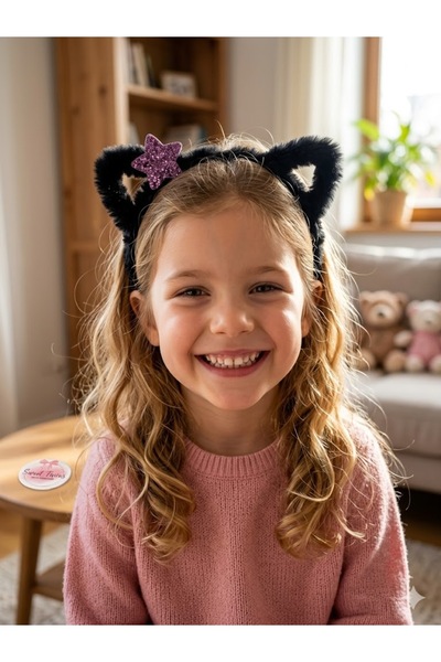 Sweet twins accessories Kedi Kulaklı Çocuk Taç Simli Yıldızlı Peluş Çocuk Tacı