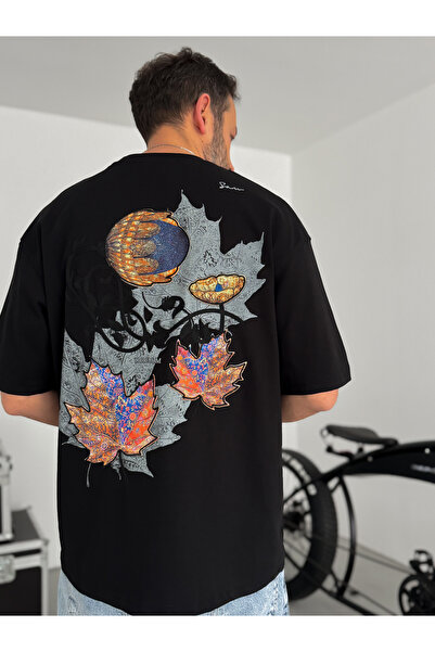 BYBASICMAN Tricou oversize cu aplicație frunză neagră SW-5118