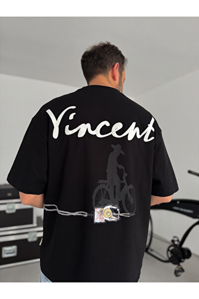 BYBASICMAN Tricou negru supradimensionat cu broderie Vincent SW-5073