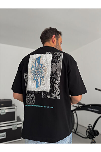 BYBASICMAN Tricou oversize negru cu motiv pe spate și petice SW-5075