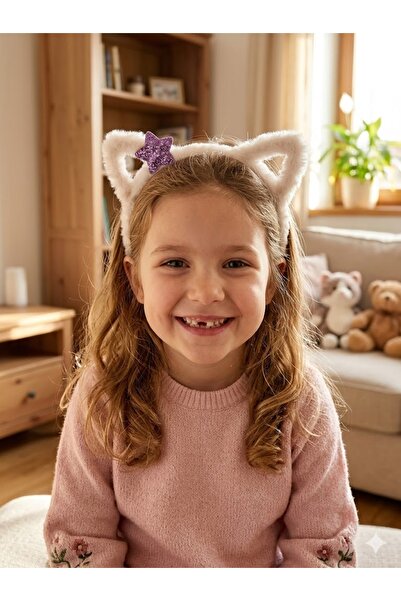 Sweet twins accessories Kedi Kulaklı Çocuk Taç Simli Yıldızlı Peluş Çocuk Tacı
