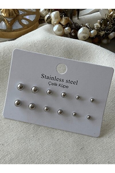 SELUVİA Steel Ball Earring Set 12-Piece Silver Ball Model – Stainless Steel M...