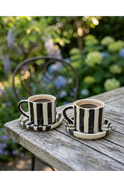 Me Gusta Home Black Striped Turkish Coffee Cup Set (2 Pieces)