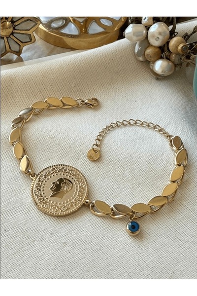 SELUVİA Çelik Nazar Boncuk Sallantılı Arpa Zincir 14K Gold Renk Çeyrek Ata Bi...