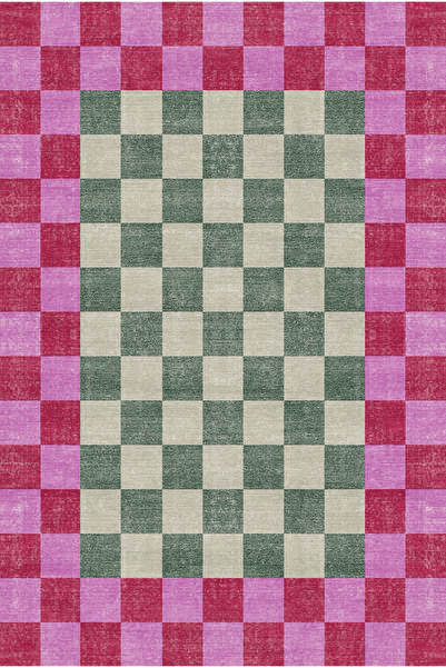 kilim home Kaymaz Tabanlı Modern Ekose Halı - Pembe Turuncu Yeşil Kareli 2296