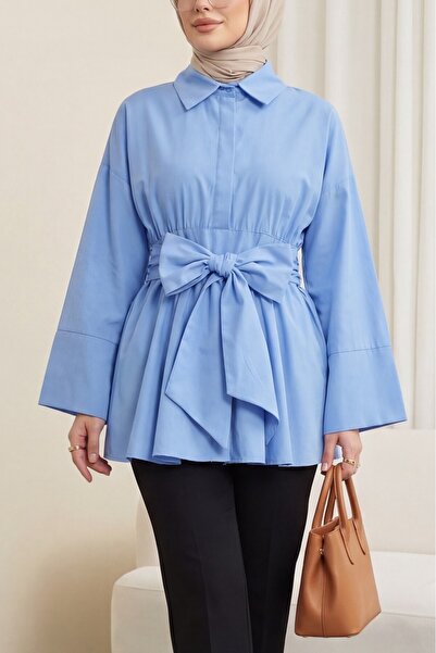 Modamorfo Бели корсетна туника от поплин със скрити копчета и колан - синя