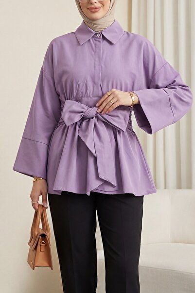 Modamorfo Beli Corseted Hidden Buttoned Belted Poplin Tunic -Lilac