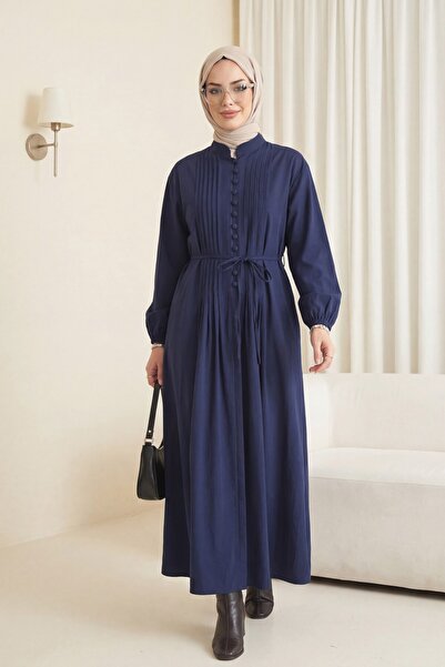 Modamorfo Ribbed Front Half Buttoned Poplin Dress - Navy