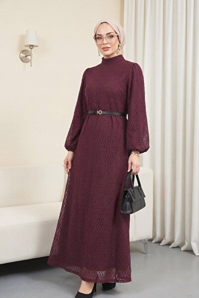 Modamorfo Hakim Yaka Balloon Sleeve Belt Li Lined Lace Dress - Plum