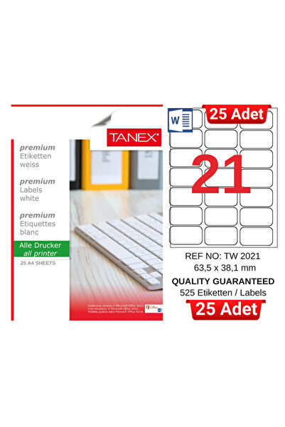 Tanex TW-2021 63,5x38,1 mm Inkjet / Laser A4 Etiket (25 Adet)