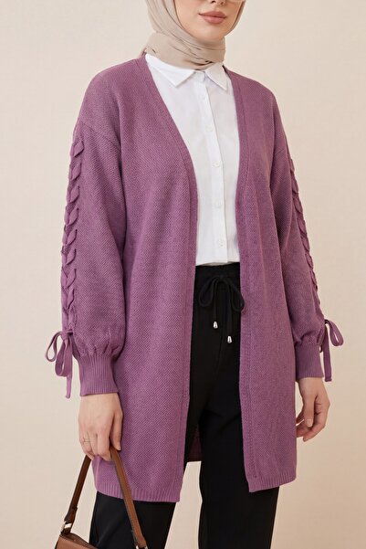 Modamorfo Knitted Cardigan with Braided Sleeves - Plum
