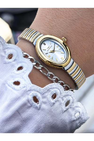 FERRO ساعة يد نسائية بسوار فولاذي أصفر وفضي FL43034A-D مقاومة للماء 3ATM ضمان...