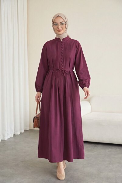 Modamorfo Ribbed Front Half Buttoned Poplin Dress - Plum