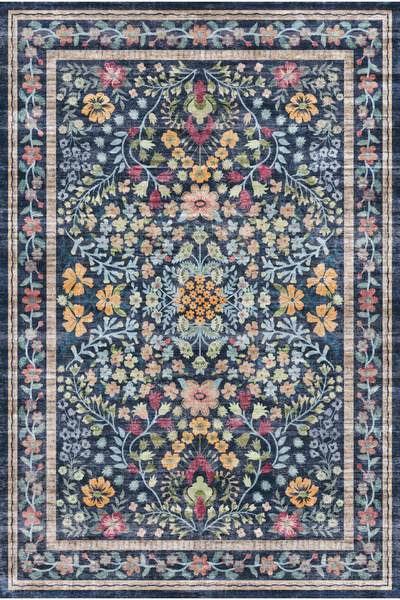 kilim home Covor albastru închis cu bază anti-alunecare - Model persan floral...