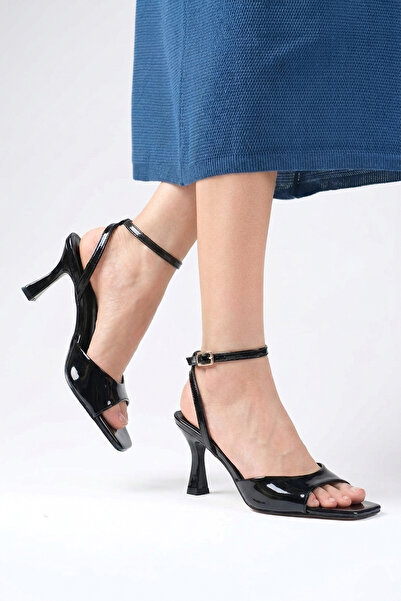 Papuckurdu Black Patent Leather Flat Ankle Strap Blunt Toe Evening Dress Heel...