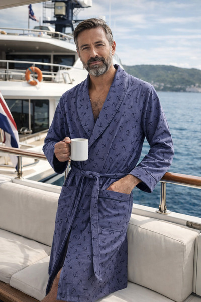 Nuşa Anchor Pattern Bamboo Combed Cotton Luxury Dressing Gown Bathrobe Comfor...