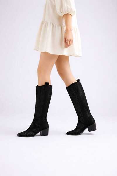 POTEEN Cizme de vară cu toc stil Western Kowboy pentru femei Semafre P103-NEGRU