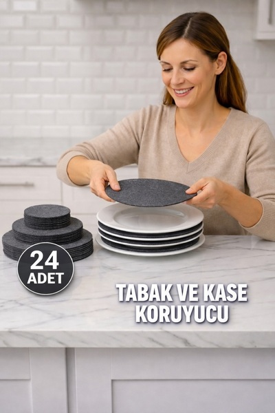 Genel Markalar 24 Parça Gri Keçe Tabak Koruyucu, cam, kase, tabak organizer