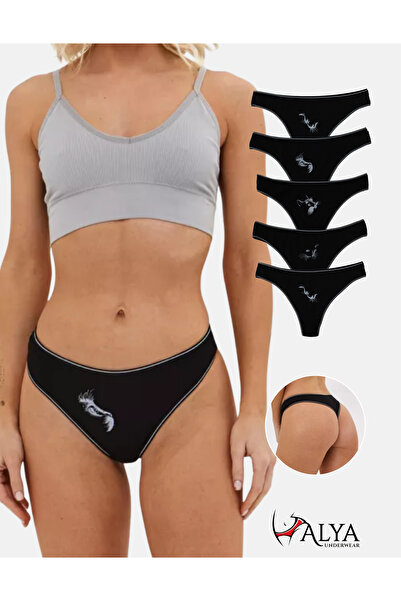 ALYA UNDERWEAR Kadın Pamuklu Tanga Külot, Kedi Baskılı String, Siyah, 5'li Paket