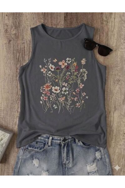 FAVORİST FLOWERS Desenli Kadın Pamuklu Omuzu Açık (Kolsuz) Yazlık T-shirt